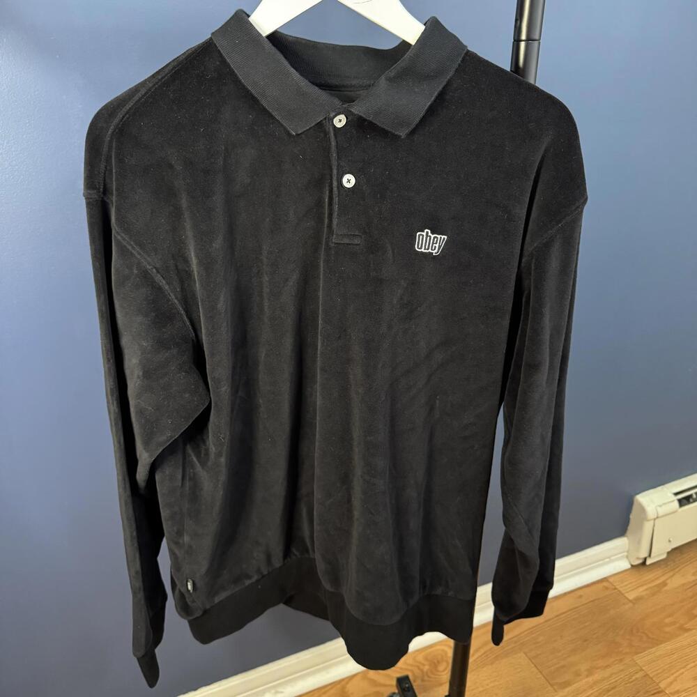 Obey, Long Sleeve Polo, Soft Velour Style, Black Mens Medium